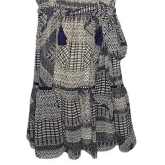 Rebecca Minkoff Nicky dress ruffle bottom sleeveless tassels blue tan print XS - Picture 7 of 13